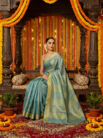 Embroidered Pure Tissue Linen Handdyed Saree Blue