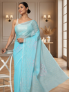 Fresh Kota Doria Cotton Bel Embroidery Blue Saree Handdyed