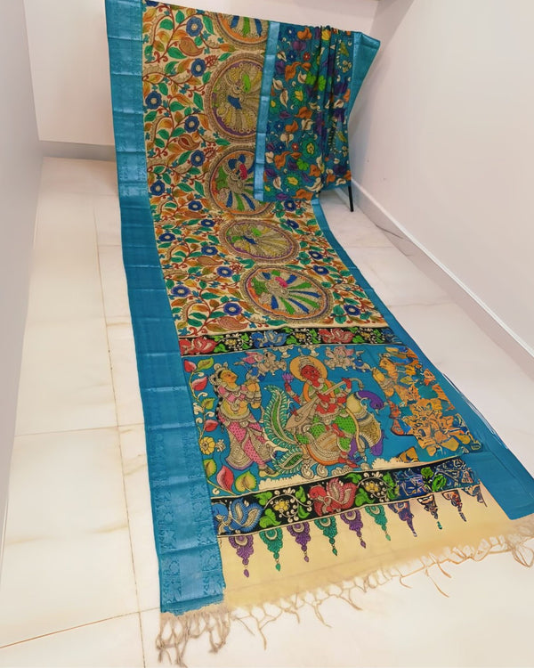 Indiehaat | Mangalagiri Handpainted Silk Saree Blue