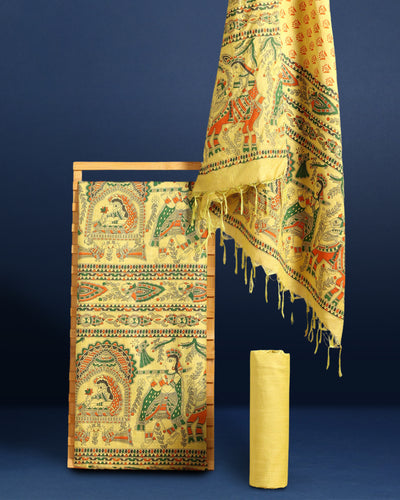 Katan Silk Suit Golden Yellow Color Madhubani Print - IndieHaat