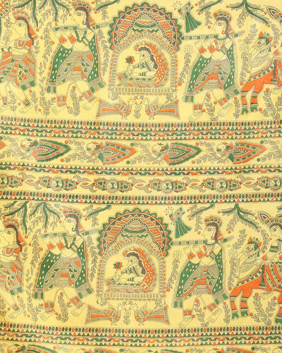 Katan Silk Suit Golden Yellow Color Madhubani Print - IndieHaat