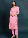 IndieHaat Kota Doria Pink Suit Stitch Embroidery 3/4th Sleeve
