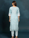 IndieHaat Kota Doria Blue Suit Handblock Print 3/4th Sleeve
