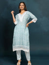 IndieHaat Kota Doria Blue Suit Handblock Print 3/4th Sleeve