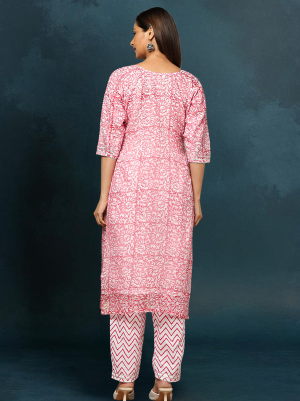 Indiehaat Kota Doria Red Suit Handblock Printed 3/4th Sleeve