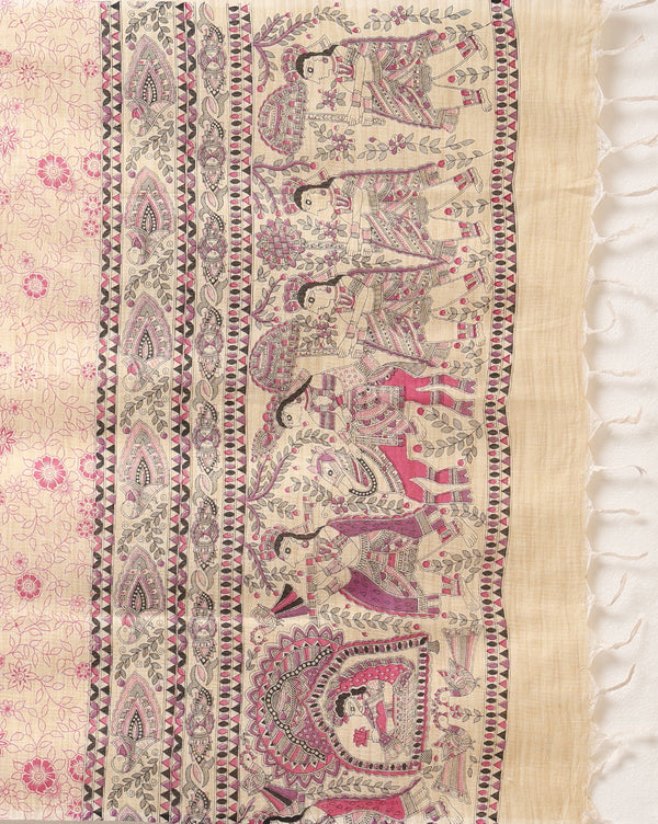 Vivid Madhubani Wax Batik Hand Dyed Khadi Silk Beige Suit