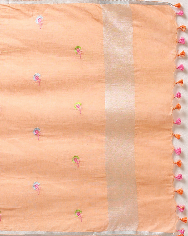 Indiehaat | Pure Linen Embroidered Suit Piece Peach Color (Top+Dupatta) With Linen Bottom