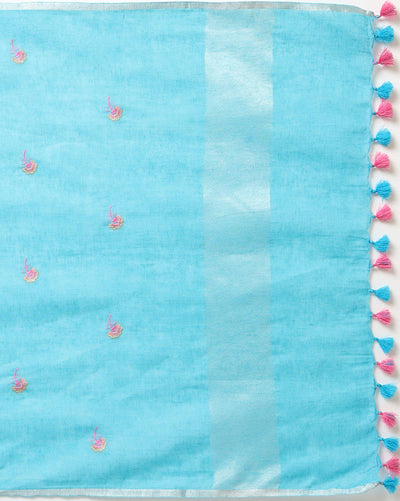 Indiehaat | Pure Linen Embroidered Suit Piece Sky Blue Color (Top+Dupatta) With Linen Bottom