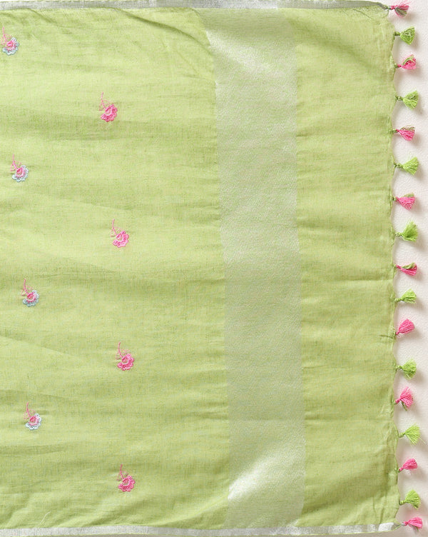 Indiehaat | Pure Linen Embroidered Suit Piece Olive Green Color (Top+Dupatta) With Linen Bottom