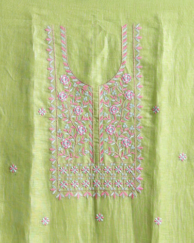 Indiehaat | Pure Linen Embroidered Suit Piece Olive Green Color (Top+Dupatta) With Linen Bottom