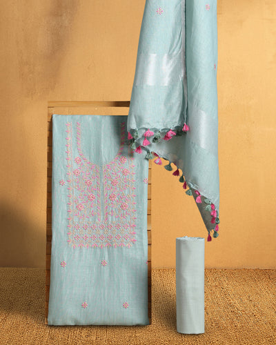 Gulmohar Pure Linen Embroidered Pastel Green Suit Piece
