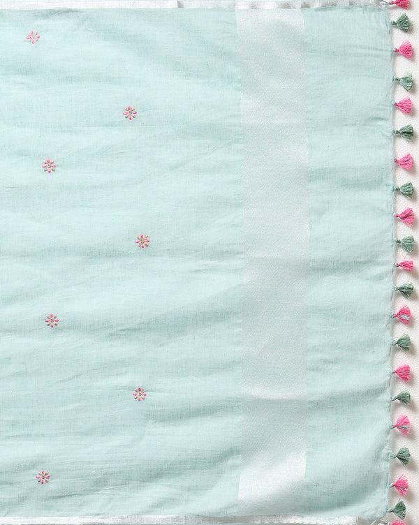 Indiehaat | Pure Linen Embroidered Suit Piece Pastel Green Color (Top+Dupatta) With Linen Bottom