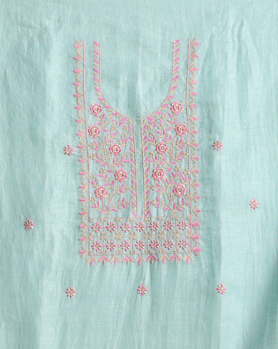 Indiehaat | Pure Linen Embroidered Suit Piece Pastel Green Color (Top+Dupatta) With Linen Bottom