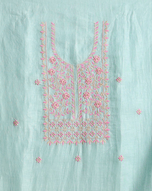 Indiehaat | Pure Linen Embroidered Suit Piece Pastel Green Color (Top+Dupatta) With Linen Bottom