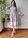 Indiehaat | Cotton Long One Piece Dress White Color Bagru Hand Printed Size 36 to 46