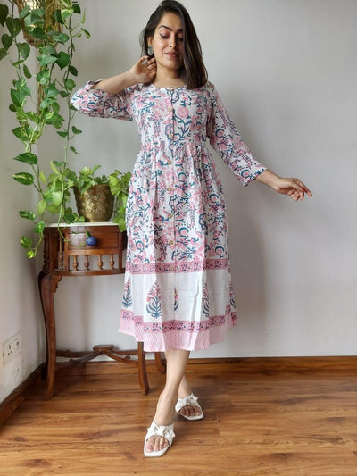 Blissful Blockprinted Cotton White Long Dress (Last Piece Available)