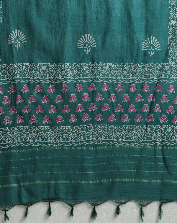 Katan Silk Gleaming Blockprint Green Suit