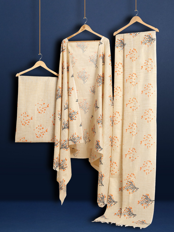 Blossom Blockprinted Khadi Silk Leafy Beige Suit