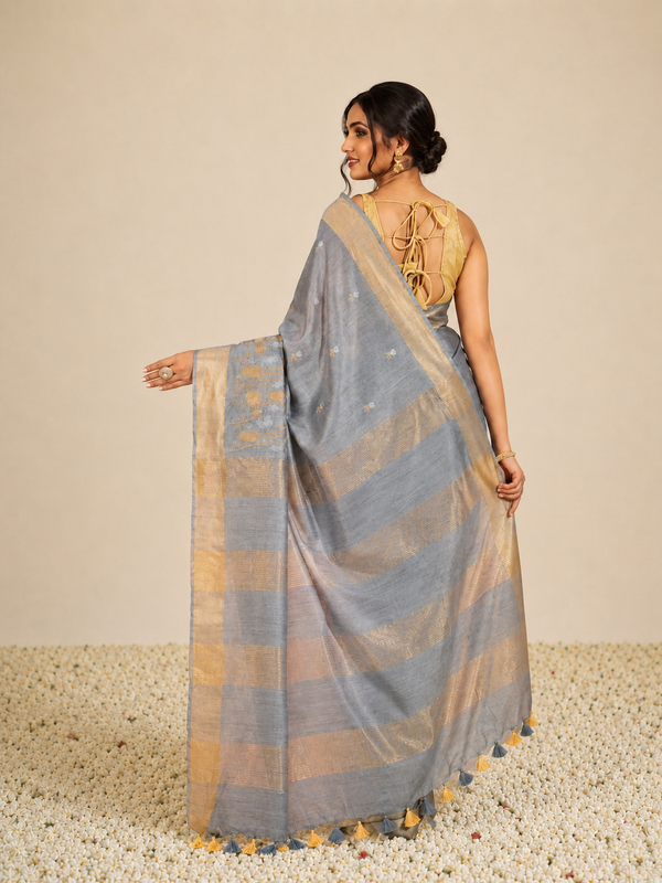 IndieHaat | Banswara Silk Gray Saree Digital Embroidery Lotus Design Running Blouse
