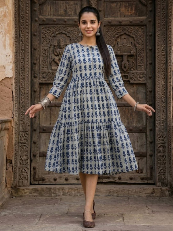 Indiehaat | Blockprinted Cotton Frill Dress Indigo