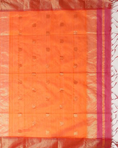 Handloom Maheshwari silk saree, fuchsia body with flower buti, orange pallu with lotus buti and a golden zari border