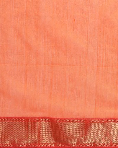 Handloom Maheshwari silk saree, fuchsia body with flower buti, orange pallu with lotus buti and a golden zari border