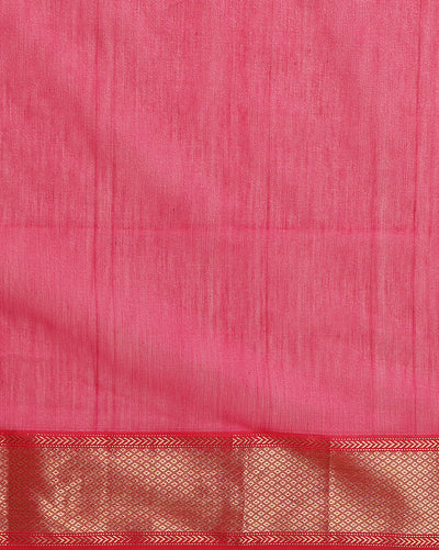 Handloom Maheshwari silk saree, fuchsia body with flower buti, orange pallu with lotus buti and a golden zari border