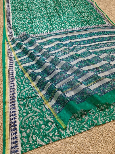Indiehaat | Blockprint Chanderi Silk Saree Green | Elegance in Silk