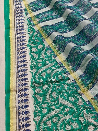 Indiehaat | Blockprint Chanderi Silk Saree Green | Elegance in Silk