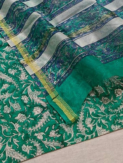 Indiehaat | Blockprint Chanderi Silk Saree Green | Elegance in Silk