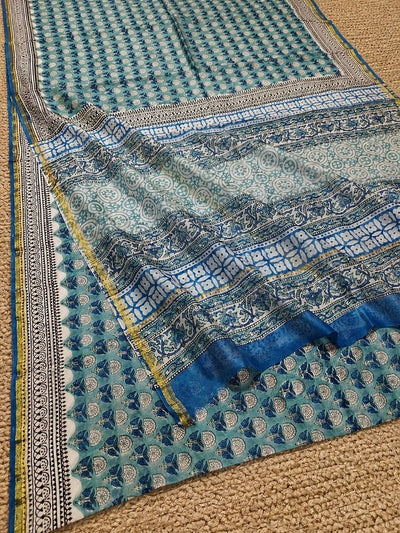 Indiehaat | Blockprint Chanderi Silk Saree Green | Elegance in Silk