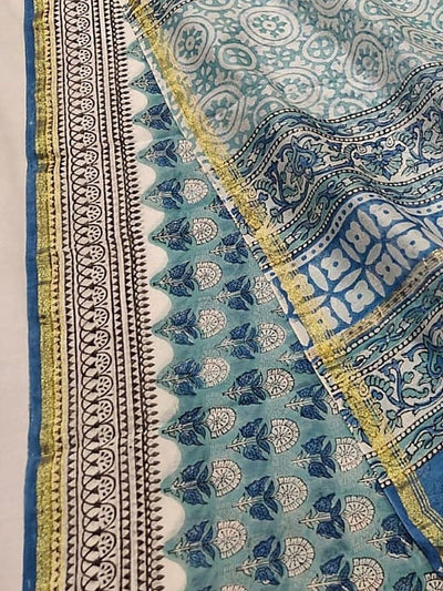 Indiehaat | Blockprint Chanderi Silk Saree Green | Elegance in Silk