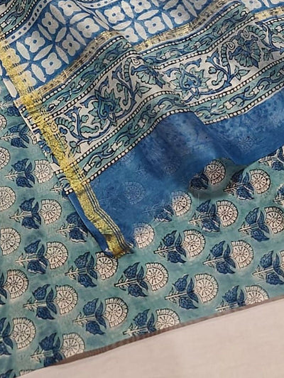 Indiehaat | Blockprint Chanderi Silk Saree Green | Elegance in Silk