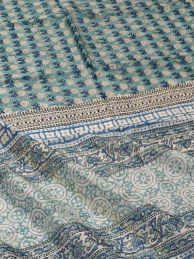 Indiehaat | Blockprint Chanderi Silk Saree Green | Elegance in Silk