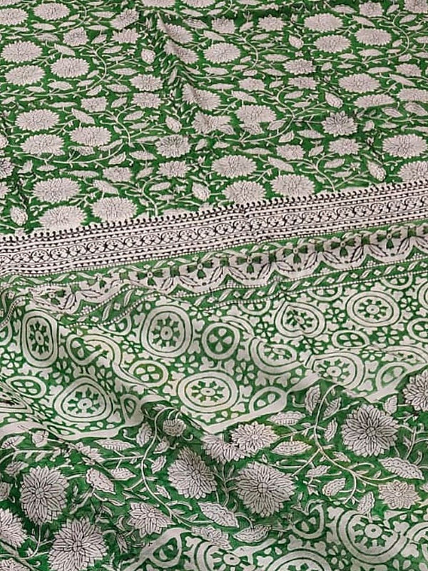 Indiehaat | Blockprint Chanderi Silk Saree Green | Elegance in Silk