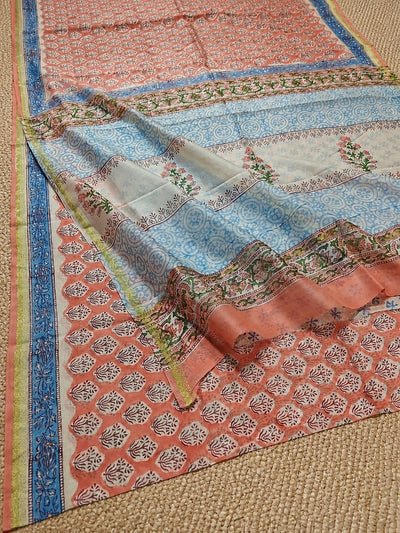 Indiehaat | Blockprint Chanderi Silk Saree Orange | Elegance in Silk