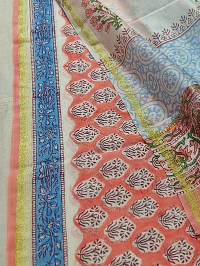 Indiehaat | Blockprint Chanderi Silk Saree Orange | Elegance in Silk