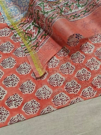 Indiehaat | Blockprint Chanderi Silk Saree Orange | Elegance in Silk