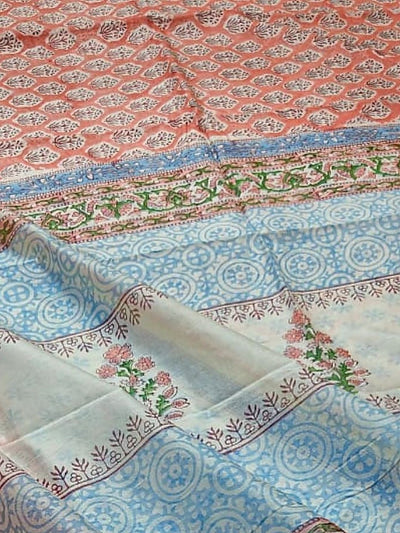 Indiehaat | Blockprint Chanderi Silk Saree Orange | Elegance in Silk
