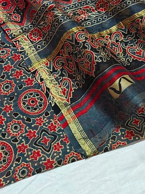 Indiehaat | Ajrakh Printed Chanderi Silk Saree Blue | Serenity in Silk