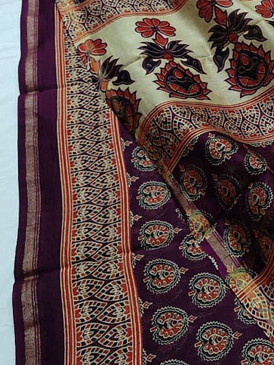 Indiehaat | Ajrakh Printed Chanderi Silk Saree Purple | Serenity in Silk