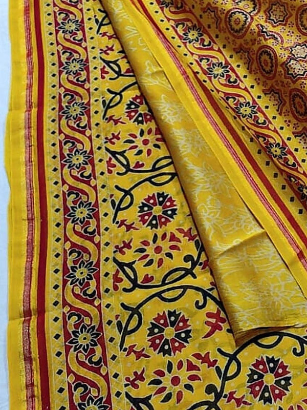 Indiehaat | Ajrakh Printed Chanderi Silk Saree Yellow | Serenity in Silk
