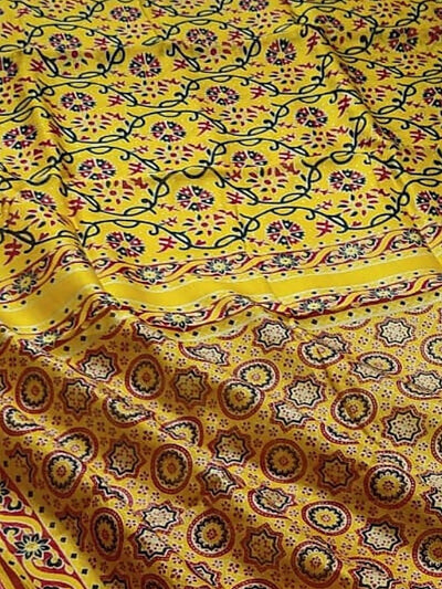 Indiehaat | Ajrakh Printed Chanderi Silk Saree Yellow | Serenity in Silk
