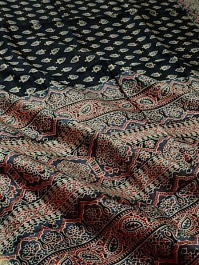 Indiehaat | Ajrakh Printed Chanderi Silk Saree Black | Serenity in Silk