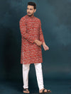Indiehaat | Royal Reflection BlockPrinted Cotton Kurta Pyjama Fiery Red