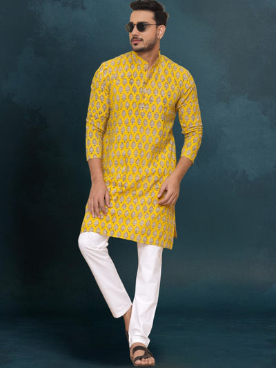 Indiehaat | Royal Reflection BlockPrinted Cotton Kurta Pyjama Bright Yellow