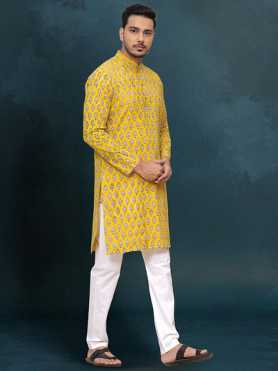 Indiehaat | Royal Reflection BlockPrinted Cotton Kurta Pyjama Bright Yellow