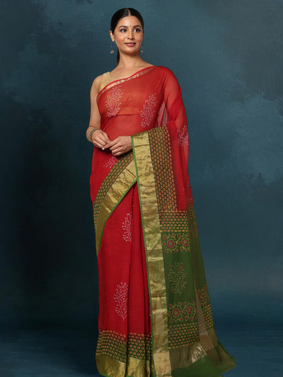 Indiehaat | Craft Couture Blockprinted Kota Doria Red & Green Saree