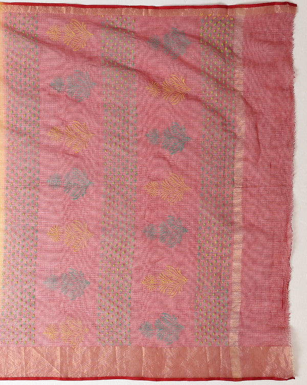 Craft Couture Blockprinted Kota Doria Mustard Yellow & Red Saree