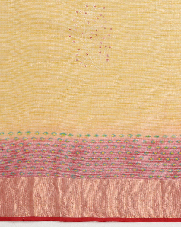Craft Couture Blockprinted Kota Doria Mustard Yellow & Red Saree